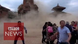 Nepal earthquake Video shows terrified tourists as the temple collapses  BBC News [upl. by Gwenni225]