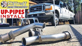 2001 F350 73  RiffRaff UpPipes Install  Stock up pipes leaking and falling apart JUNK SP [upl. by Georgine]